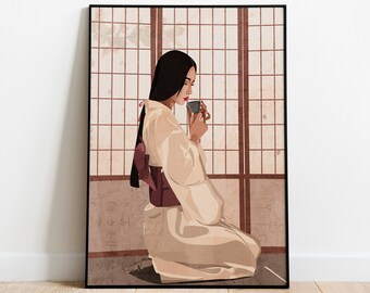 Japanese Tea Ceremony Art Print | Asian Woman in Kimono Illustration Wall Decor