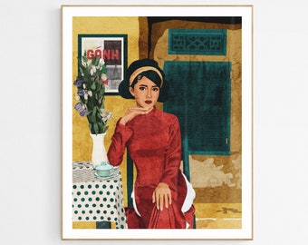 Vietnamese Woman in Ao Dai Art Print | Co Ba Sai Gon Illustration Poster | Vintage Culture Wall Decor