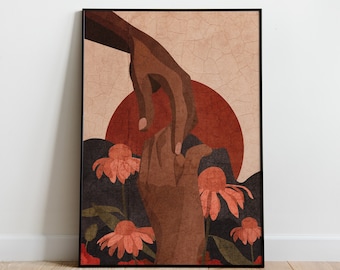 Connection Art Print: Hands Reaching Out and Flowers Illustration Wall Decor