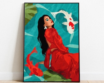 Surrounded by Koi Illustration | Woman and Nature Art Print for Wall Decor