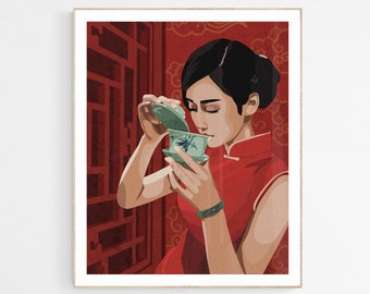 Chinese Art Print, Asian Woman Sipping Tea Illustration, Culture Celebration Art, Asian Woman Art Prints, Traditional Asian Art