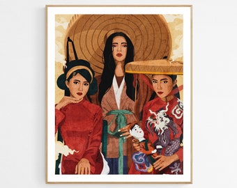 Viet Squad Art Print | Vietnamese Wall Decor in Ao Dai & Ao Giao Linh | Asian Women Empowerment
