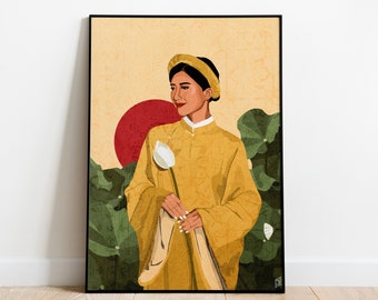 Vietnamese Woman in Ao Dai Art Print: Asian Culture Illustration Wall Decor