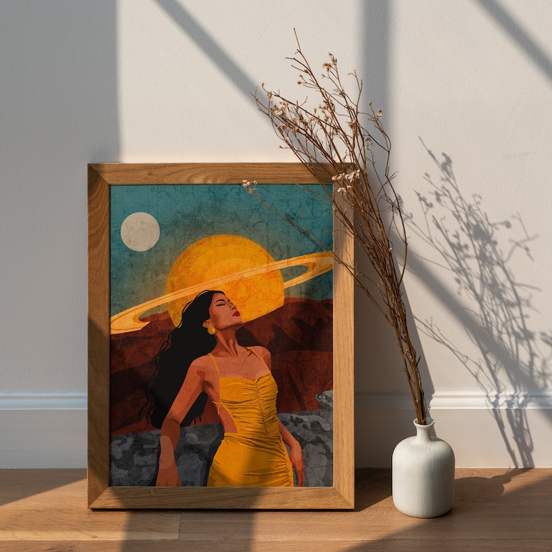 May include: A framed illustration of a woman with long dark hair wearing a yellow dress, standing in front of a large yellow sun with a ring around it. The background is a blue and brown landscape.