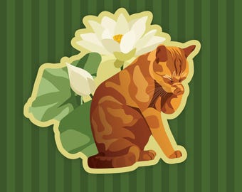 Autocollant Chat endormi avec fleur de lotus
