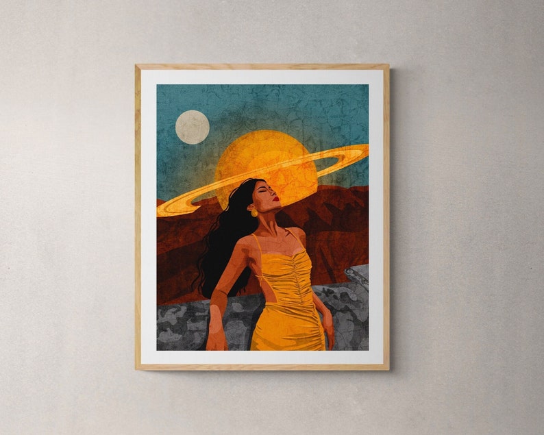 May include: A woman with long dark hair stands in a desert landscape, looking up at a large yellow sun with a ring around it. The sky is blue and there is a smaller white moon in the background.