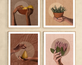 Set von 4 Blumenmarkt Digitaldrucke, Botanische Wandkunst, Boho Blumendekor Poster, Obstkorb Kunst, Individuell für Küche, Downloads