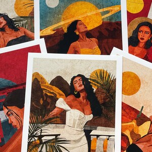 May include: A set of four illustrated prints featuring women with long dark hair in various poses. The prints have a vintage aesthetic with a textured background and muted colors.