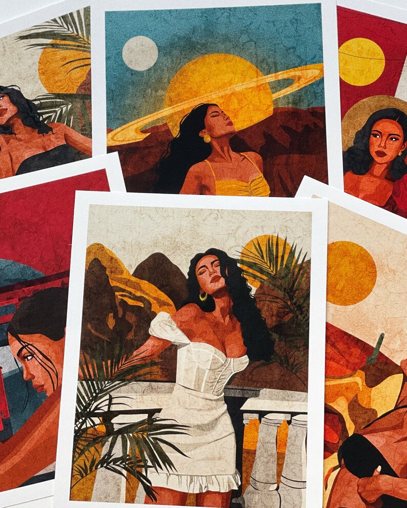 May include: A set of four illustrated prints featuring women with long dark hair in various poses. The prints have a vintage aesthetic with a textured background and muted colors.
