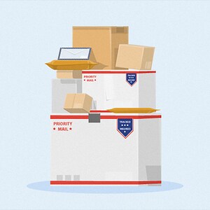 May include: Illustration of a stack of white and brown cardboard boxes, some with the words "Priority Mail" and "Tracked & Insured". A laptop and padded envelopes are on top of the boxes. The background is light blue.