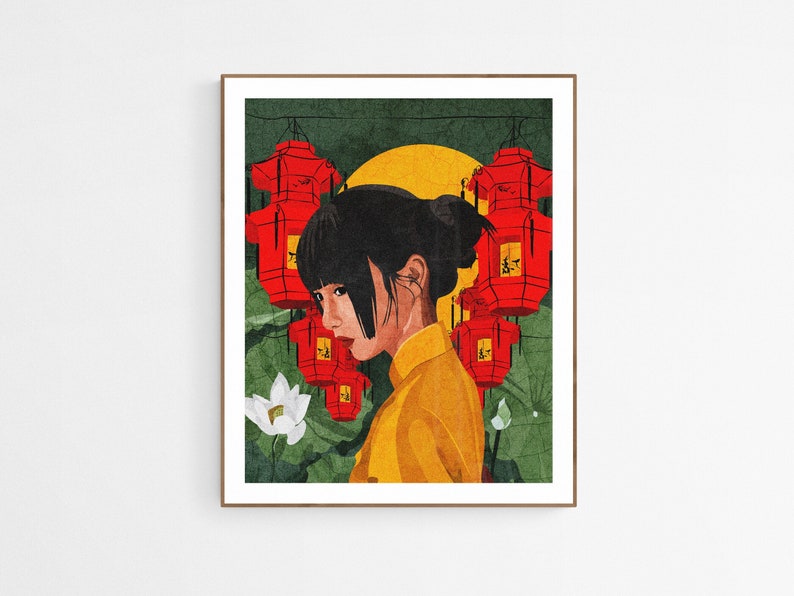 China Town Art Print, Woman Illustration, Chinese Art, Asian Culture, Asian Artwork, Red Lantern, Asian American Art Prints for Home Decor image 1