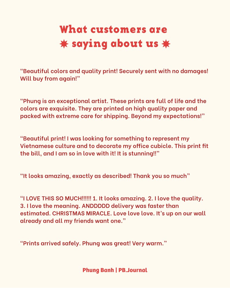 May include: A collection of customer reviews about an artist's prints. The reviews highlight the quality of the prints, the artist's exceptional talent, and the positive customer experience. The text includes phrases like "beautiful colors", "high quality paper", "beyond my expectations", and "love love love".