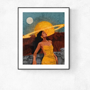 May include: A digital illustration of a woman with long black hair wearing a yellow dress, standing in front of a large yellow sun with a ring around it. The background is a blue sky with a white moon. The text "PHUNG BANH" is at the bottom of the image.