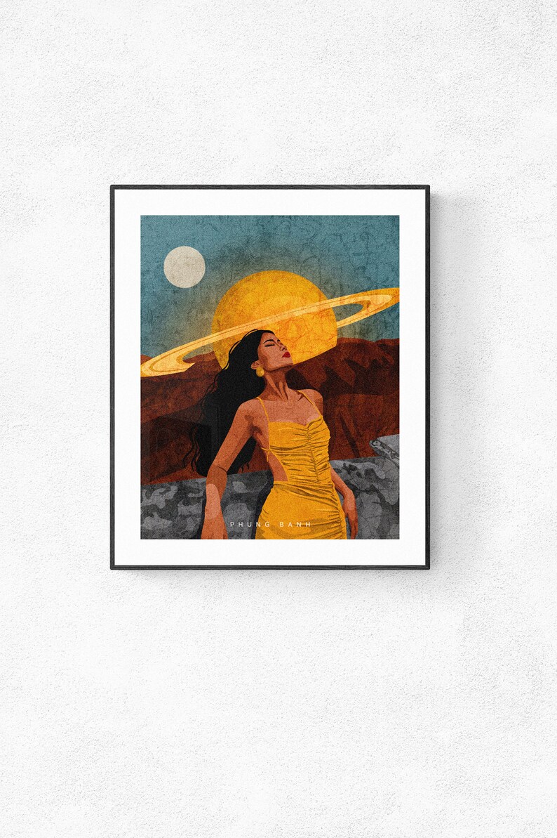 May include: A digital illustration of a woman with long black hair wearing a yellow dress, standing in front of a large yellow sun with a ring around it. The background is a blue sky with a white moon. The text "PHUNG BANH" is at the bottom of the image.