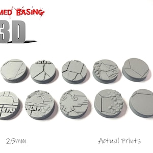 May include: Ten grey 25mm round 3D printed bases with diverse textured designs, such as cracked earth and geometric patterns. The text "THEMED BASING" and "3D" are at the top. The words "Actual Prints" are at the bottom.