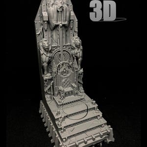 May include: A grey 3D-printed throne featuring a hooded figure, lions, and detailed carvings. The text "Themed Basing 3D" and "Actual Prints" are visible. The throne has multiple levels and a detailed back.