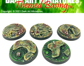 May include: Five round, green, brown, and white painted miniature bases with a swamp or bog theme.  The bases are designed for use with miniature figures.