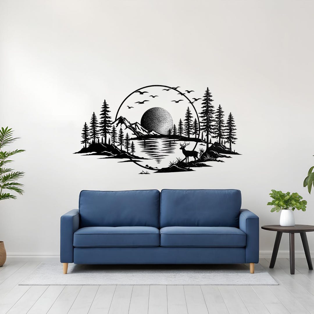 Nature Inspired Metal Wall Art, Forest Lake Mountain Design With Elk ...