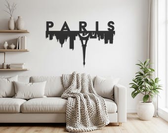 Arte de pared de metal con el horizonte de París para decoración moderna del hogar, colgante de pared con paisaje urbano, decoración de sala de estar con temática parisina, acento urbano interior