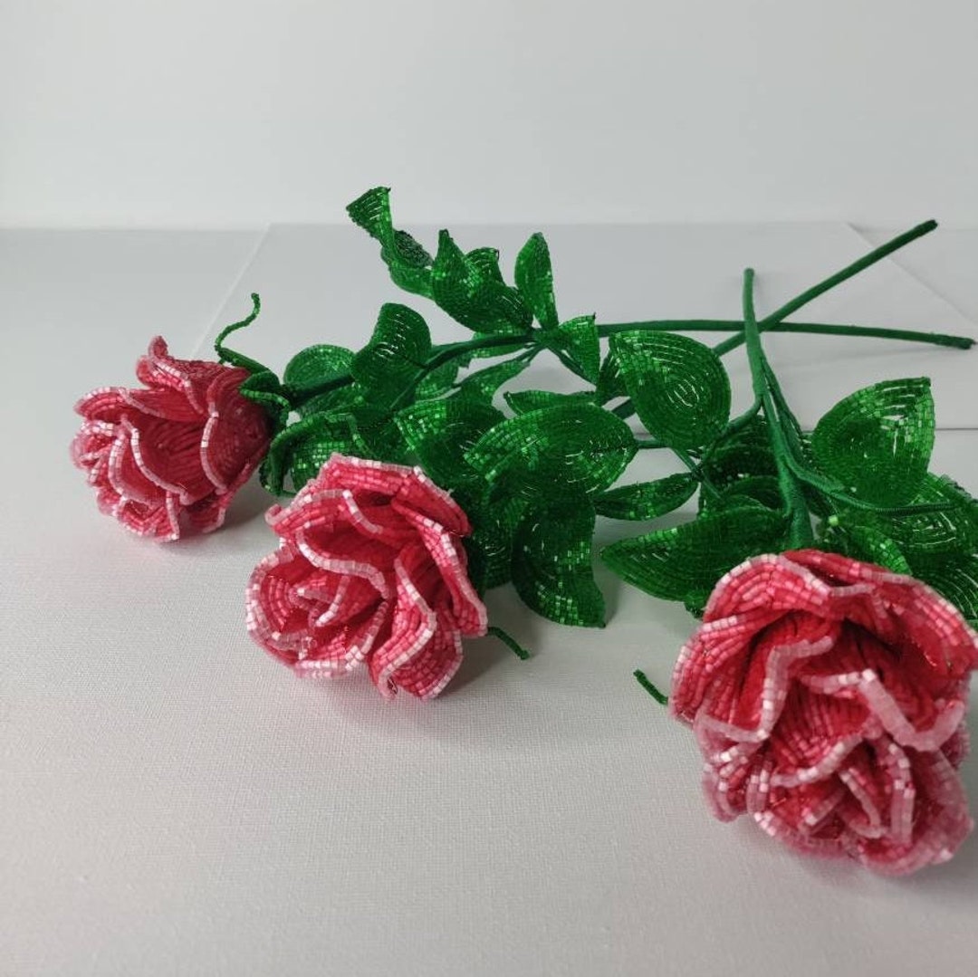 Red Beaded Rose Bouquet: Handmade Floral Arrangement - Etsy