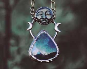 Moss Agate Goddess Pendant with Crescent Moon Design and Silver Obsidian Face | special necklace | copper plated / galvanized / electroformed