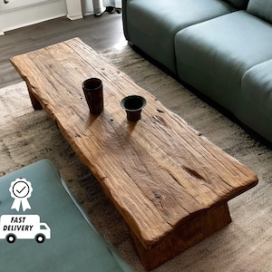 Mesa de centro baja rústica, mesa de comedor y centro, mesa de borde vivo, muebles de borde vivo, muebles de granja vintage, madera recuperada