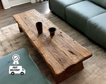 Mesa de centro baja rústica, mesa de comedor y centro, mesa de borde vivo, muebles de borde vivo, muebles de granja vintage, madera recuperada