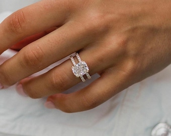 Radiant Cut Diamond Ring Colourless Moissanite Ring Double Parallel Shunk Diamond Ring 14K White gold Engagement Ring set For women Trendy