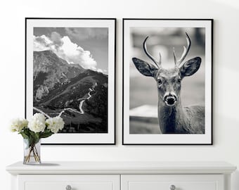 Hirsche und Berge 2er Set Schwarz-Weiß Poster, Natur Wandkunst, Hirsch Drucke, gerahmte Wandkunst, Hirsch Foto