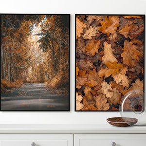 Arte mural de otoño, Conjunto de otoño de 2 carteles, Grabados de bosque de otoño, Arte de pared enmarcado, Hojas de otoño, Foto de otoño