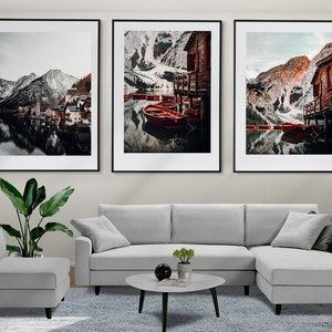 Alps Set of 3 Posters, Alps Prints, Lago die Braies, Hallstatt, Alpine Photo, Alpine Wall Art