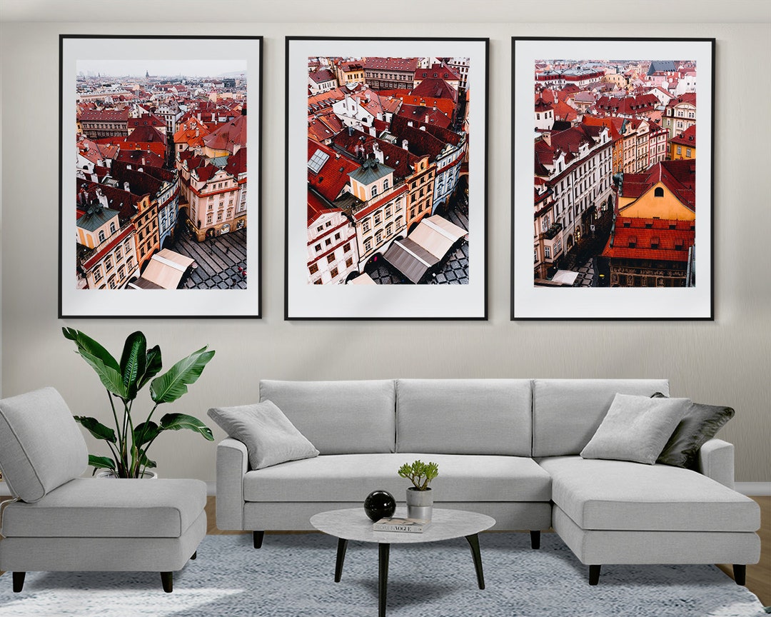 Prague Set of 3 Posters, Prague Wall Art, Prague Skyline, Framed Wall