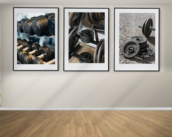 Juego de fitness de 3 carteles, Fitness Wall Art, Impresiones de levantamiento de pesas, Arte de pared enmarcado, Decoración de pared de gimnasio
