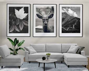 Hirsch und Natur 3er Set Schwarz-Weiß Poster, Natur Wandkunst, Hirsch Drucke, gerahmte Wandkunst, Hirsch Foto