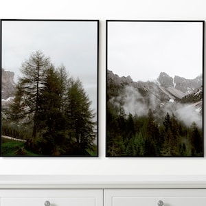 Fog Over Forest Set de 2 carteles, impresiones de montañas, arte mural enmarcado, foto de montañas, decoración moderna del hogar