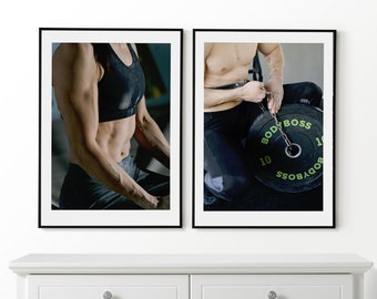 Juego de fitness de 2 carteles, impresiones de fitness, arte de pared de levantamiento de pesas, arte de pared enmarcado, decoración de pared de gimnasio