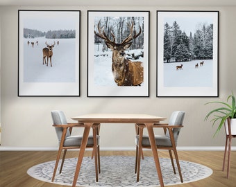 Deers in Winter Forest Set of 3 Posters, Winter Wall Art, Deer Prints, Framed Wall Art, Deers Photo