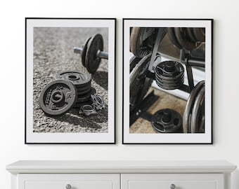 Juego de fitness de 2 carteles, impresiones de fitness, arte de pared de levantamiento de pesas, arte de pared enmarcado, decoración de pared de gimnasio