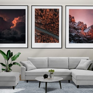Sonnenuntergang Set von 3 Postern, Sonnenuntergang Drucke, Wald Wandkunst, Moderne Wohndekoration