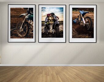 Set motocross di 3 poster, arte murale motocross, stampe dirt bike, arte murale incorniciata, decorazione murale dirt bike