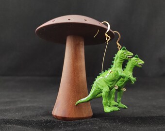 Carnotaurus Dinosaur Earrings - grass green with bumblebees