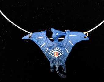 Pterodactyl Choker Necklace - dark blue ombre with white and bronze eye accents