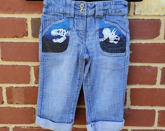 Triceratops vs T. rex Handpainted Jeans - ombre blue skeletons childrens boys size 5-6