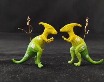 Parasaurolophus Dinosaur Earrings - green yellow ombre with black and white flowers