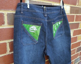 Dilophosaurus Handpainted Jean Shorts - greens and golds kintsukuroi womens plus size AU 18