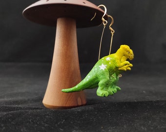 Pachycephalosaurus Dinosaur Earrings - yellow green ombre with white stars