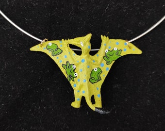 Pterodactyl Choker Necklace - pastel yellow with blue spots and baby frogs!