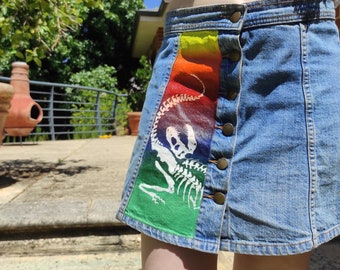 Gorgosaurus Death Pose Handpainted Skirt - pride rainbow background fossil skeleton size 12 AU