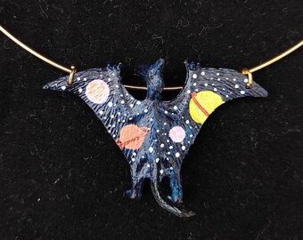 Pterodactyl Choker Necklace - dark galaxy sky with planets and stars