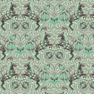 May include: A repeating pattern featuring rearing horses in shades of grey and brown, accented with teal and white floral elements. The design has a vintage aesthetic, with a symmetrical arrangement of the horses and flowers on a grey background.